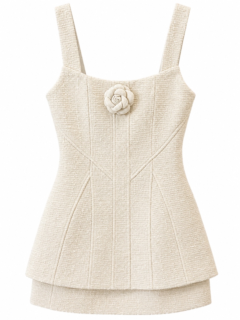Cream Tweed Midi Dress with Floral Rosette